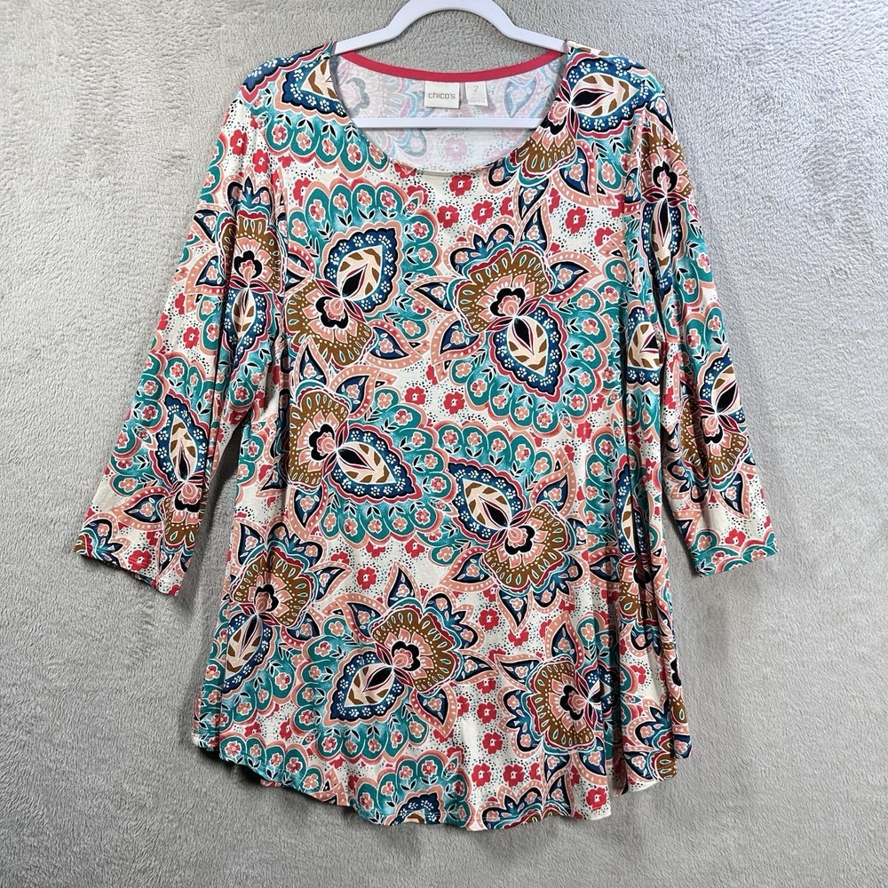 Chico's Paisley Tunic Size L (2) 3/4 Sleeve Rayon Stretch Office Casual Colorful